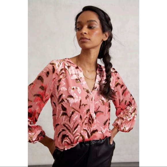 Anthropologie Lori Burnout Velvet Blouse Silk Blend Metallic Top NWOT Size XL - Picture 4 of 15